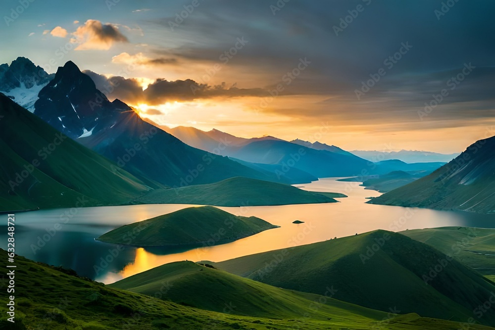 Beautiful landscape with green mountains and magnificent cloudy sky in sunrise