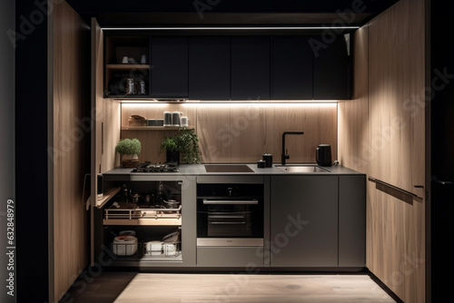 Compact kitchenette with integrated appliances and hidden storage, Interiors, 