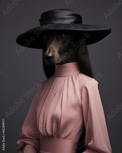 A playful pooch stands proudly in their fashionable finery, showcasing a stylish fedora and vibrant pink silky dress that brings a cheerful splash of color, anthropomorphic animal dog photo