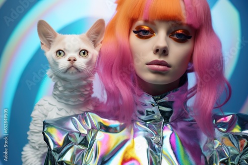 A futuristic woman with vibrant pink hair and chome dress stands proudly with her playful white cat, their joyful connection bringing a sense of comfort and adventure to the world around them photo