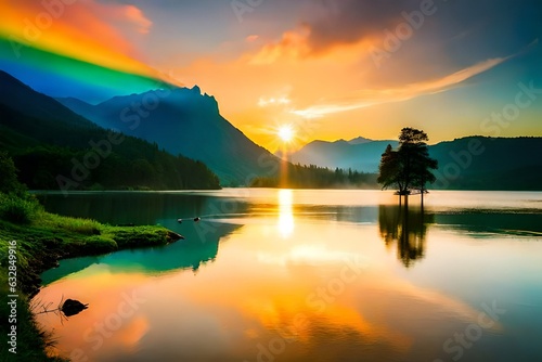 sunrise on morning sky over green mountain and bird flying on rainbow sky