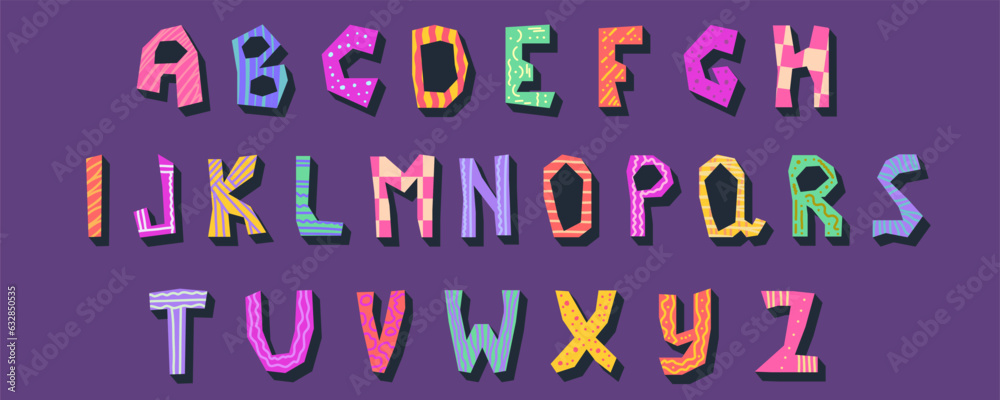 Fototapeta premium Font funky alphabet for kids. Playful font childich design. Cute letter funky type. Cartoon vector illustration. Happy comic bold style