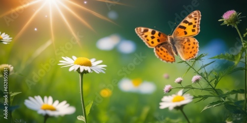 Sunny summer nature background with fly butterfly and wild flowers on Forest glade grass with sunlight and bokeh. beautiful Outdoor nature