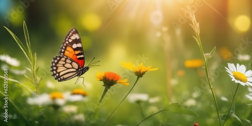 Sunny summer nature background with fly butterfly and wild flowers on Forest glade grass with sunlight and bokeh. beautiful Outdoor nature © Universeal