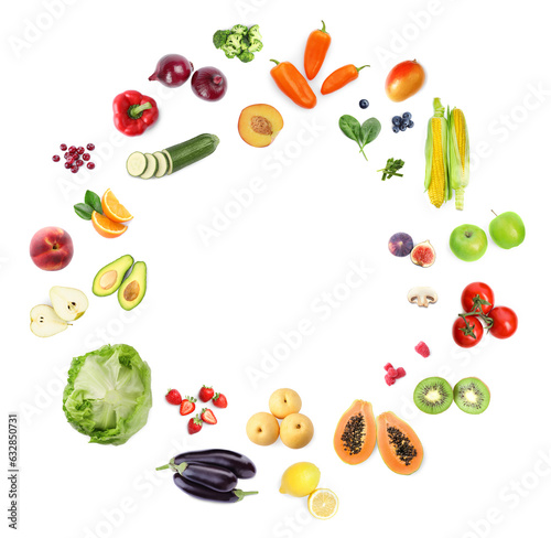 Fototapeta Naklejka Na Ścianę i Meble -  Frame of different fresh fruits and vegetables on white background, top view