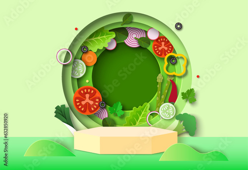 Healthy food cylinder podium pedestal in paper cut style