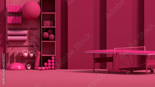 Viva magenta is a trend colour year 2023 in sport fitness equipment. Yoga mat, Laptop, Kettlebell on dark pink background. Trendy 3d render for lifting in the gym, home.