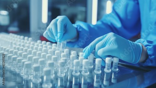 Hands with sanitary gloves examining Medical vials on a production line in a pharmaceutical factory.