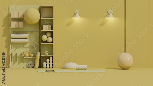 Sport fitness equipment, yoga mat, Kettlebell, dumbbells, laptop on pastel yellow background. Trendy 3d render for fitness, lifting in the gym, gym at home.