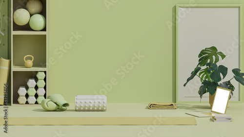 Sport fitness equipment, yoga mat, Kettlebell, dumbbells,plant pot,  laptop on pastel green background. Trendy 3d render for fitness, lifting in the gym, gym at home.