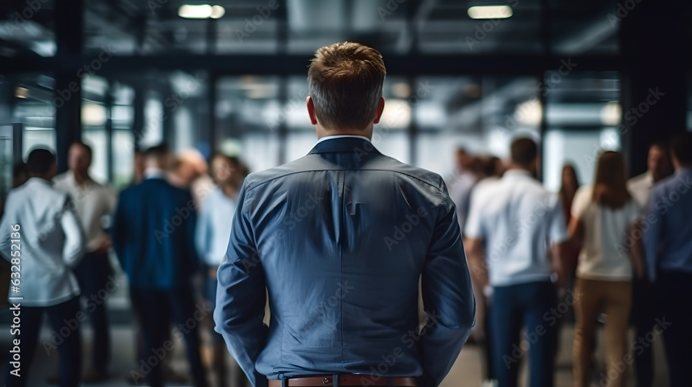 Portrait of a business man form behind standing in the office with people around. back view of successful rich businessman in suit standing in the office Portrait of a business man form behind standing in the office with people around. back view of successful rich businessman in suit standing in the office