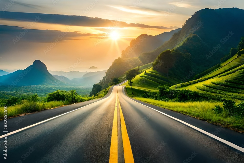 Beautiful highway road with green mountain and sunshine background