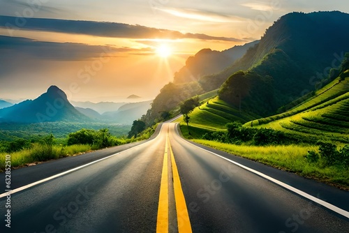 Beautiful highway road with green mountain and sunshine background
