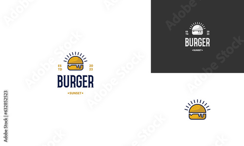 sunset burger logo, burger combine with sun logo design icon template