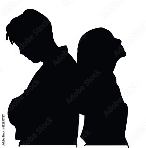 Illustration vector of silhouettes of a romantic couple turning their backs on each other.
