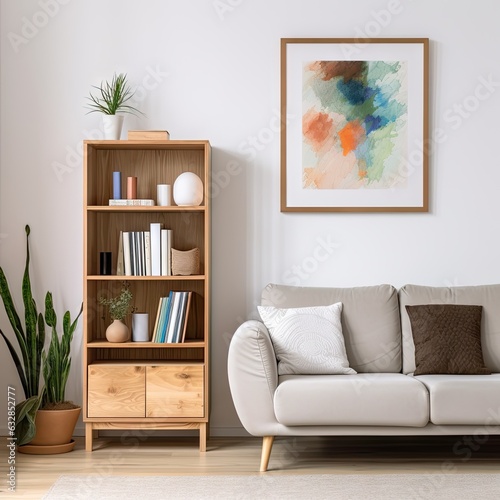 Wooden cabinet with books near the white wall with a big poster frame. The Scandinavian-style home interior design of a modern living room  © BOMB8