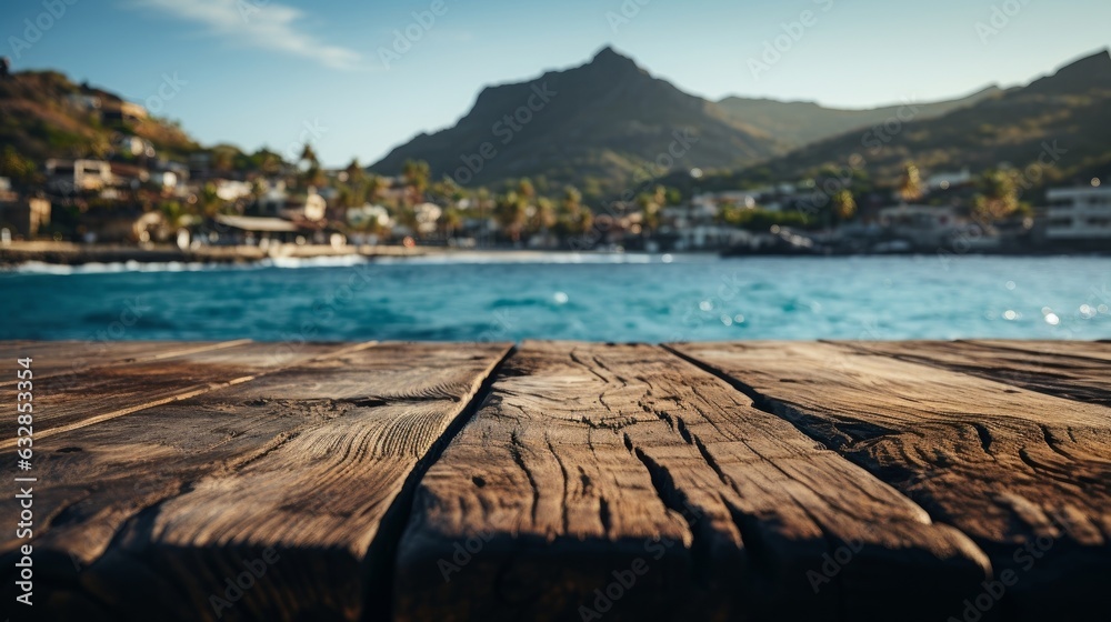 Black wooden table top and blurred seascape and blue sky in the background. High-quality photo