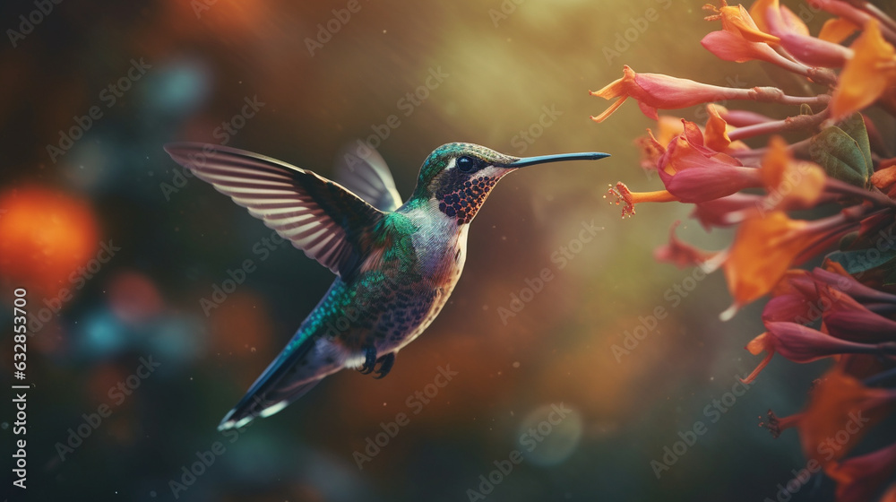 Graceful Hummingbird Hovering Near Exotic Flowers, Jungle Birds, bokeh 