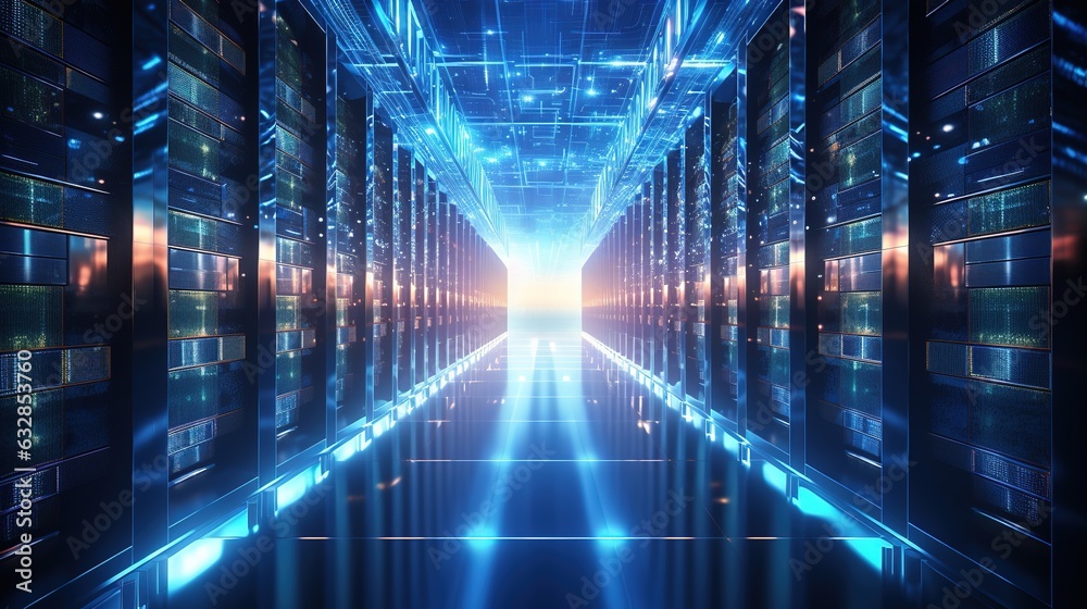 Shot of corridor in working data center filled with rack servers and supercomputers AI background Shot of corridor in working data center filled with rack servers and supercomputers AI background