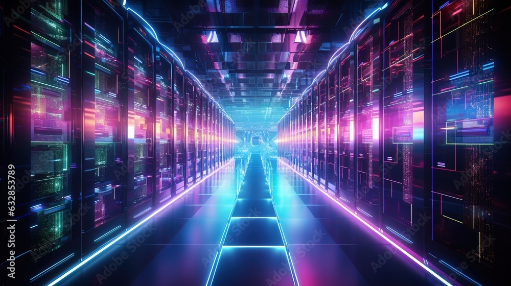 Shot of corridor in working data center filled with rack servers and supercomputers cyberspace background