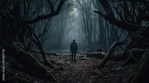 A person stands at the edge of a dark foreboding forest