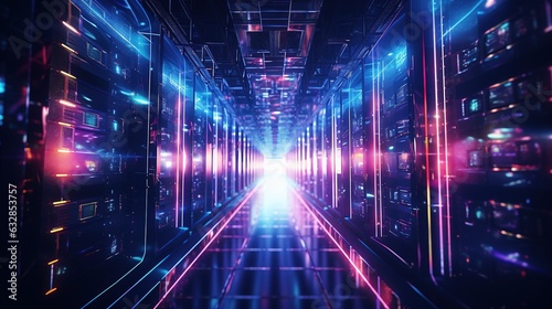 Shot of corridor in working data center filled with rack servers and supercomputers AI background