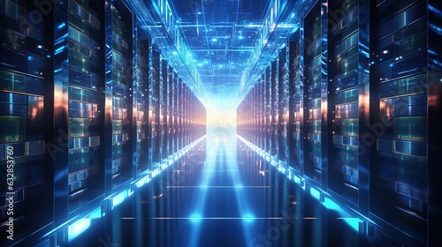Shot of corridor in working data center filled with rack servers and supercomputers AI background
