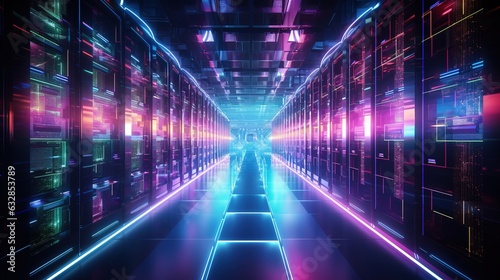 Shot of corridor in working data center filled with rack servers and supercomputers cyberspace background