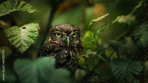 Owl Camouflaged Among Dense Leaves, Jungle Birds, bokeh  © Nati