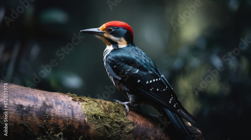 Striking Woodpecker Tapping on a Tree Trunk, Jungle Birds, bokeh 