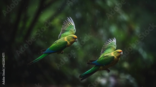 Lively Parakeets Playing in the Canopy, Jungle Birds, bokeh 