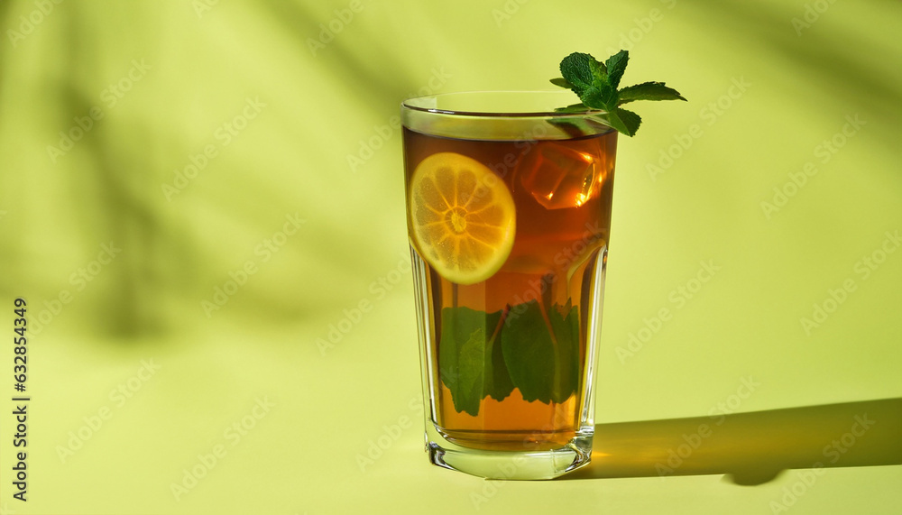 Ice tea isolated on bright background with shadow. Closeup glass of ice tea decorated with mint and lemon Ice tea isolated on bright background with shadow. Closeup glass of ice tea decorated with mint and lemon