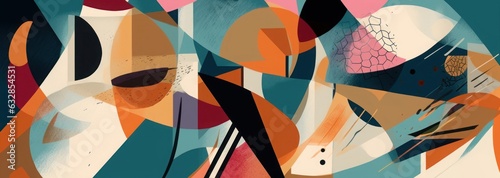 Fototapeta Hand drawn dynamic geometric abstract print. Colorful modern collage pattern, Generative AI