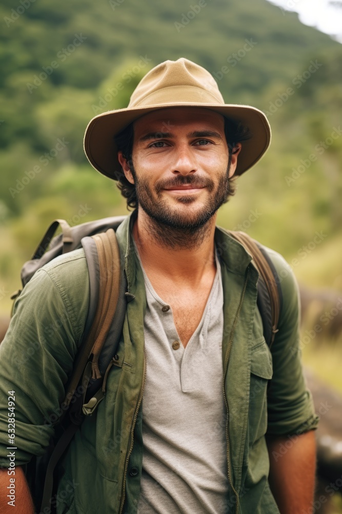 Photography of a pleased, man in his 30s that is wearing a practical wide-brimmed hiking hat against a rugged mountain trail background. Generative AI