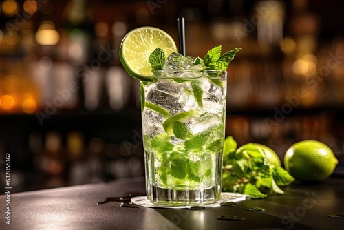 Closeup photo of a fresh cold mojito cocktail with mint