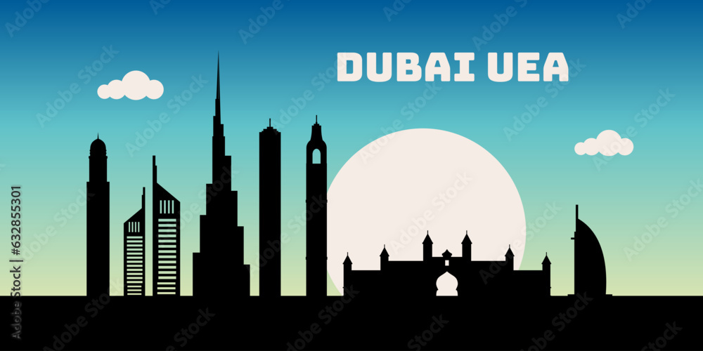 Fototapeta premium Dubai Uni Emirate Arab at night cityscape skyline sketch illustration vector. Famous popular city in the world in red style.