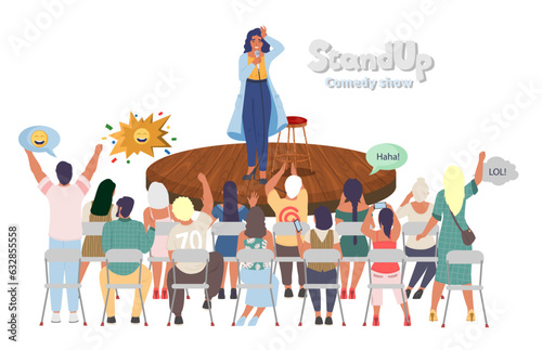 Scandup comedy show vector illustration with woman artist