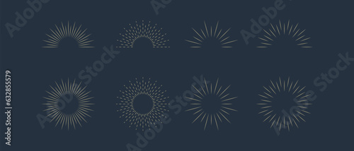 Vintage sunburst icons set. Sun rays. Radial sunset beams. Fireworks. Vector illustration.