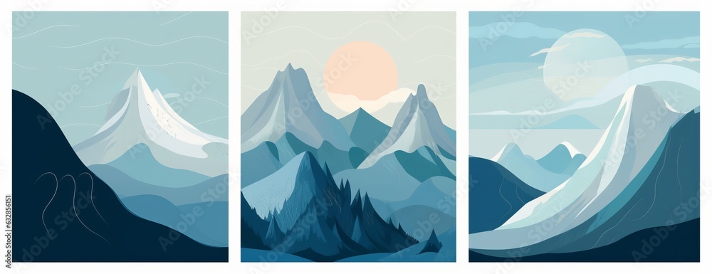Winter mountains and landscape. Hand drawn  illustrations.
