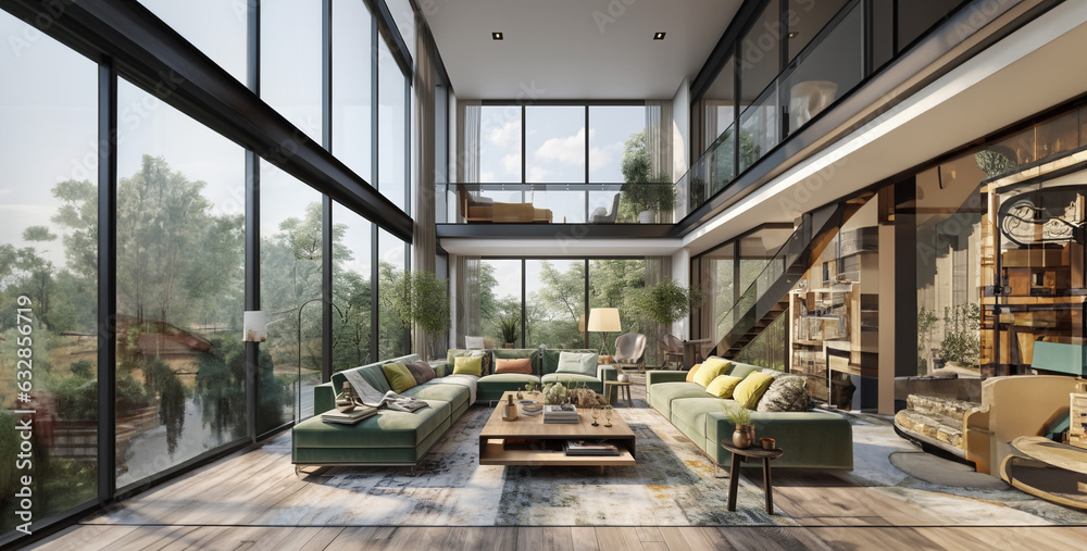 a modern double height living room with large glass 