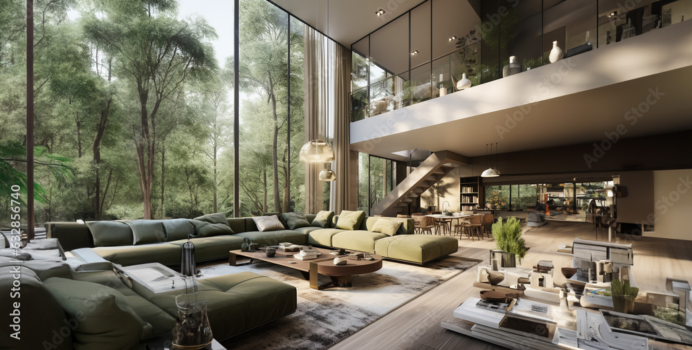 a modern double height living room with large glass and modern furniture