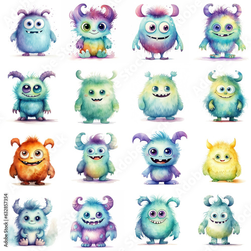 set of cute colorful aquarell monsters isolated on white background