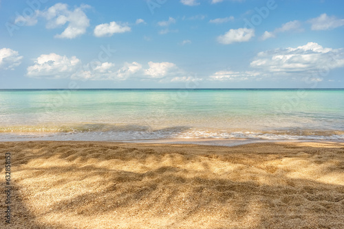 Tropical paradise idyllic sandy beach  palm leaf shadow  ocean wave on shore  clear turquoise sea water and blue sky with clouds in sunny day. Horizon over water. Natural nature background. Copy space