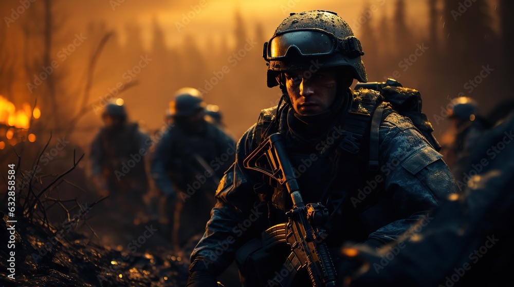 Fototapeta premium Heavily Armed Soldiers Holding Rifles In War