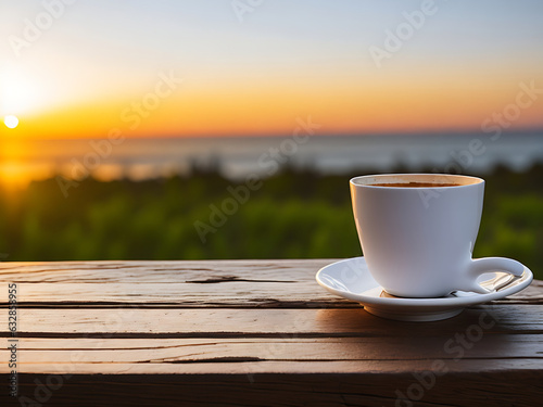Coffee cup on wooden table with beautiful sunrise over sea.