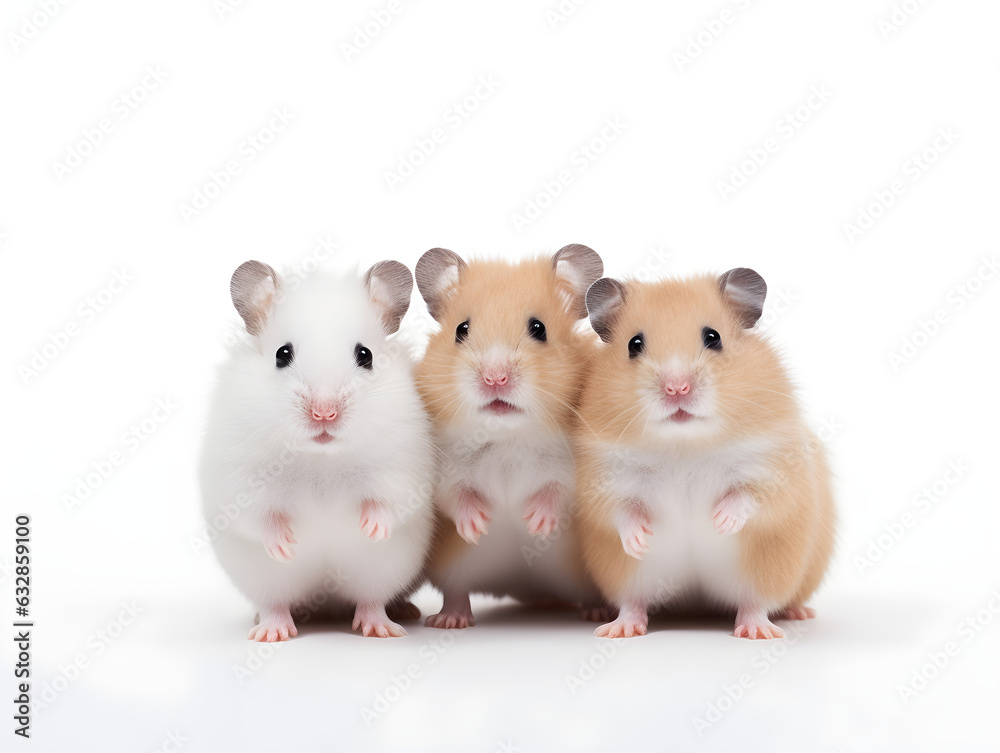 Three hamsters on a white background. Used for making posters, logos, stickers, cards, brochures. Generative AI. Illustration.