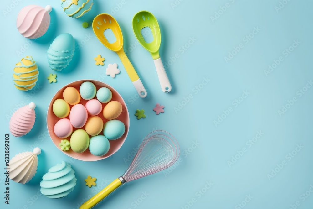 Easter cooking concept. Top view photo of dish with colorful easter eggs kitchen utensils rolling-pin whisk and baking molds on isolated pastel blue background with blank, Generative AI
Easter cooking concept. Top view photo of dish with colorful easter eggs kitchen utensils rolling-pin whisk and baking molds on isolated pastel blue background with blank, Generative AI