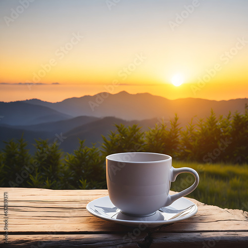 Coffee cup on wooden table with sunrise and mountain background.