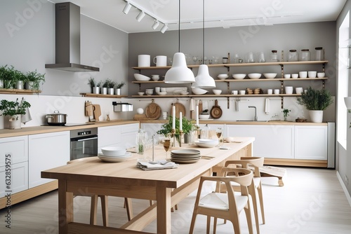 Scandinavian Kitchen: Design a kitchen with a Scandinavian - inspired design, using a minimalist approach and natural materials. Generative AI