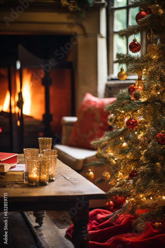 Christmas  holiday decor and country cottage style  cosy atmosphere  decorated Christmas tree in the English countryside house living room with fireplace  interior decoration
